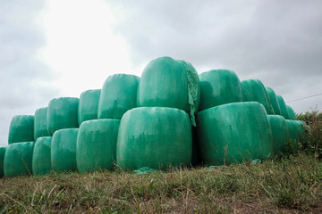 Wrapped hay rolls stacked one on top of another. 