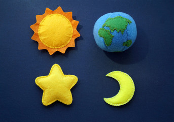 space soft felt toys: planet earth, sun, star and moon