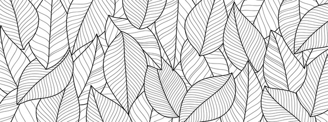Black and white wallpaper design with leaf. Leaves line arts background design for fabric, prints and background texture, Vector illustration.