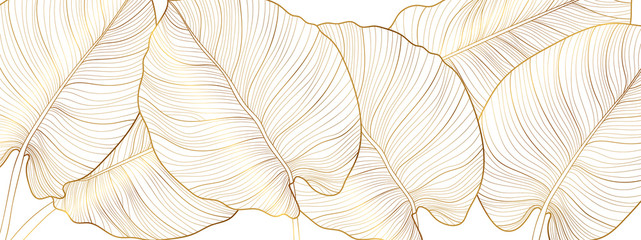 Luxury gold nature background vector. Floral pattern, Golden split-leaf Philodendron plant with monstera plant line arts, Vector illustration.