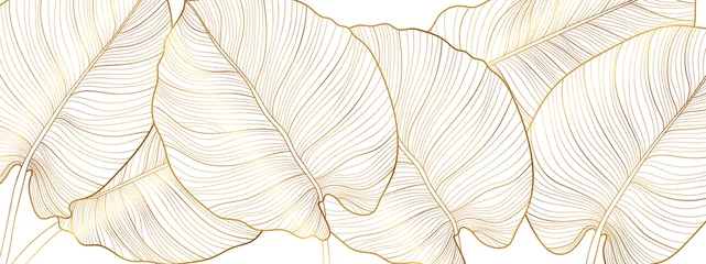 Tuinposter Luxe gouden natuur achtergrond vector. Bloemmotief, Golden split-leaf Philodendron plant met monstera plant lijntekeningen, vectorillustratie. © TWINS DESIGN STUDIO