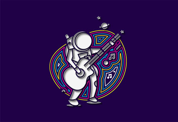Astronaut in Playing Guitar, Hand Drawn Sketch Vector illustration.
