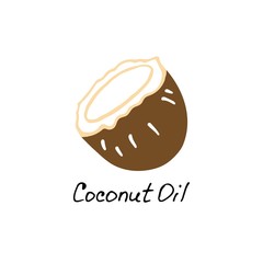 Coconut oil. Cosmetic ingredient. Nutritional oil for skin care. Hand-drawn icon of cocont and hand written inscription. Vector illustration
