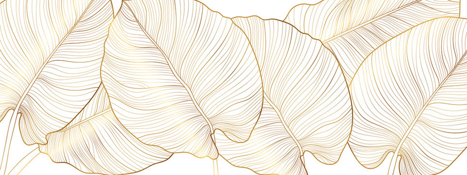 Luxury Gold Nature Background Vector. Floral Pattern, Golden Split-leaf Philodendron Plant With Monstera Plant Line Arts, Vector Illustration.