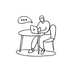 Man sitting at computer. Online training, work from home, online courses, video conferencing, online meetings. Communication on the Internet, social networks, dating site. Hand drawn doodle vector