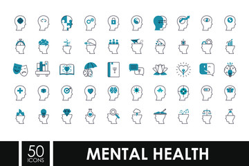 mental health icon set over white background, half line half color style