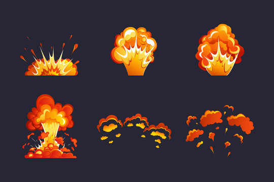 Bomb explosion and fire explosion cartoon set. Animation for a game with an explosion effect. Dynamite explosions, explosive explosions of bombs and atomic bombs, clouds, comics. 