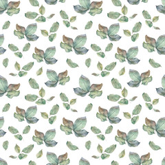 Seamless green leaf pattern. Hand drawn elegant leaves on white background