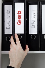 Gesetz – Finanzen/Wirtschaft. Ordner wird aus Büro-Regal geholt. Männliche Hand. Business, Statistik