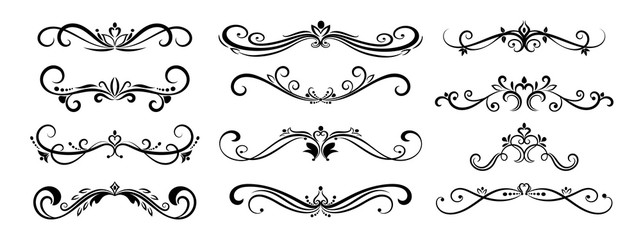 Decorative swirls dividers. Calligraphic swirl border ornaments and vintage divider, Victorian flourishes lines vector isolated icons set for wedding invitation and vintage logo.