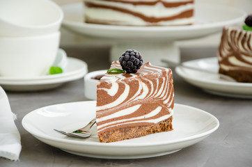 No baked zebra marble cheesecake with vanilla and chocolate layers on a white plate on a concrete background. Horizontal orientation. Close up