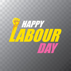 Happy labour day vector label with strong orange fist on transparent background. vector happy labor day background or banner with man hand. workers may day poster