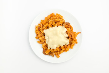 Fusilli pasta on white background