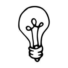 A Doodle-style light bulb. Symbol, ideas, lighting, innovation, inspiration. The element is hand-drawn and isolated on a white background. Black and white vector illustration.
