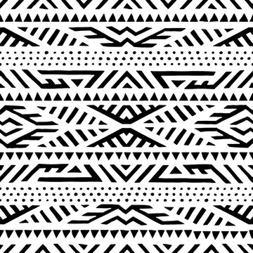 Seamless ethnic pattern. Handmade. Horizontal stripes. Black and white print for your textiles. Vector illustration.