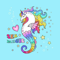 Sea magic. Beautiful unicorn, seahorse. Vector illustration