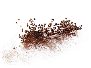 Coffee beans with ground coffee explosion