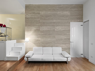 modern living room interior with wooden floor in the foreground the white leather sofa the wall is covered in marble