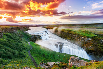 Gullfoss, Iceland, canyon waterfall in a dramatic landscape. Spot of Golden Circle round touristic...