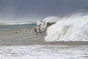 surfers on a wave at waimea bay