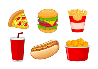 Colorful Fast food. Pizza, Hamburger, Hotdog, Nuggets, French Fries and soft drink. Vector illustration isolated on white background. Unhealthy fast food classic nutrition