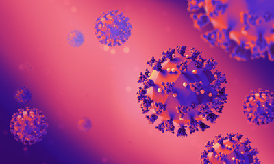 Stylized render of the low poly coronavirus model on a red background. Colorful medical illustration of the COVID-19 infection. Layout with copy space.