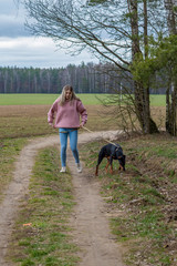 Fototapeta premium A girl in jeans walks with a Doberman in a pine forest.
