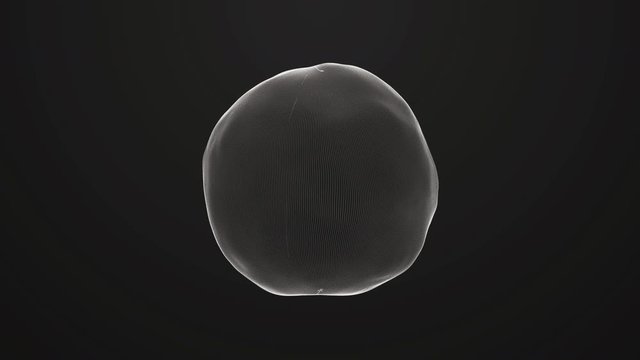 A thin sphere on a dark gray background smoothly deforms and slowly rotates. A transparent soap bubble on a dark background changes shape. Changing the 3D sphere in space