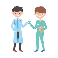 Isolated men doctors with medicine jar vector design