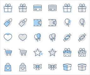 Set of gifts, vector line icons. Contains symbols gift cards, ribbons and more. Editable Stroke. 32x32 pixel.