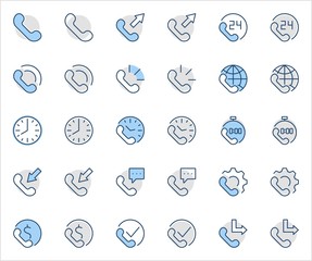 Set of Phone vector line icons. It contains the symbols of incoming, outgoing, missed calls, global call and round the clock online support and much more. Editable Stroke. 32x32 pixels.