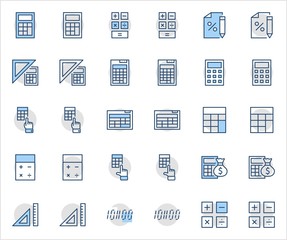 Set of Calculation Vector Line Icons. Contains such Icons as Calculator Icon, Pencil, Click, Money Bag, Percent symbol, Square and Ruler. Editable Stroke. 32x32 Pixel Perfect.
