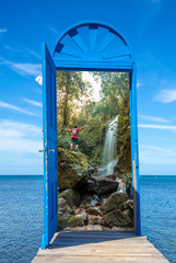 A blue door on the island of Roatan and on the other side a young man in a waterfall in Yojoa. Honduras