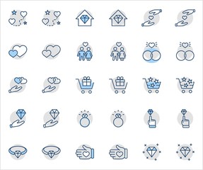 International Jeweler Day Set Line Vector Icons. Contains such Icons as Love, Heart, Hand, Family, Wedding Rings, Diamond, Jewelry store, Gift, Basket and more. Editable Stroke. 32x32 Pixel Perfect