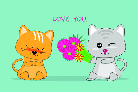 Cartoon design  with cat in love  on green background