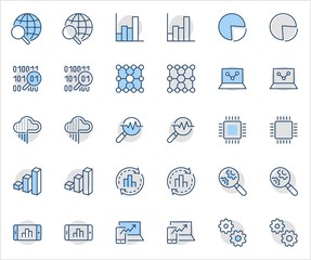 Yellow Set Data Analysis Related Technology Vector Line Icons. Contains such Icons as Charts, Search, Graphs, Traffic Analysis, Big Data and more. Editable Stroke. 32x32 Pixel Perfect