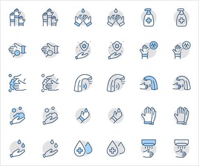 Fototapeta premium Set of Washing Hands Vector Line Icons. Contains such Icons as Coronavirus, Contactless Water Tap, Antiseptic, Washing Instruction, Hand Dryer, Soap and more. Editable Stroke. 32x32 Pixels.