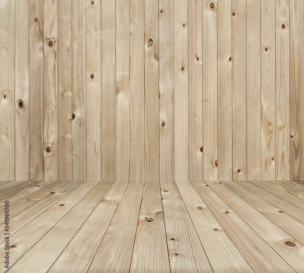 Wall mural Empty wooden mock up display from pine wood as perspective floor and flat wall or backdrop background.