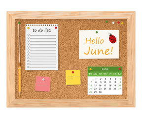 Hello, June.Cork board with to do list, adhesive notes and push pins