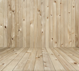 Empty wooden mock up display from pine wood as perspective floor and flat wall or backdrop background.