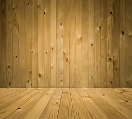 Empty wooden mock up display from pine wood as perspective floor and flat wall or backdrop background.