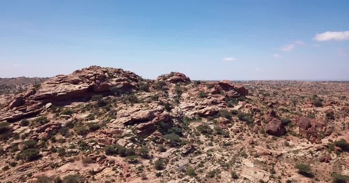 4K Footage Aerial View to the Laas Geel, cave formations on the rural outskirts of Hargeisa, Somaliland