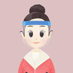 Cartoon korean women wear a face shield to protect against coronavirus or COVID-19