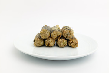 Fried food of vermicelli and seasoned seaweed on white background