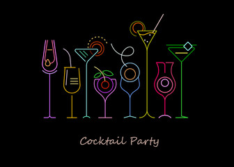 Neon colors isolated on a black background Cocktails vector illustration. A row of eight different cocktail glasses.
