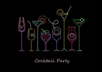 Papier Peint photo Lavable Art abstrait Couleurs néon isolées sur fond noir Illustration vectorielle de cocktails. Une rangée de huit verres à cocktail différents.