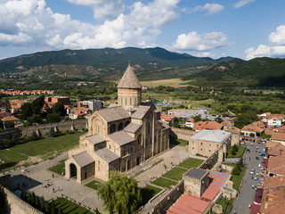 Aerial view to Svetitskhoveli Orthodox Cathedral and historical town Mtskheta, near Tbilisi, Georgia