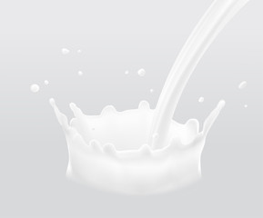 Realistic milk splashes and drops. Vector illustration on grey background. Ready to use for your design. EPS 10.	