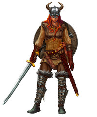 Obraz premium Girl viking fighter with sword and shield and red hair smiling. Realistic isolated illustration. Viking in a horned helmet girl barbarian.