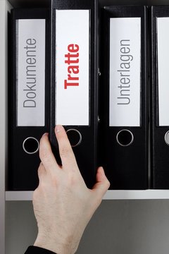 Tratte &ndash; Finanzen/Wirtschaft. Ordner wird aus B&uuml;ro-Regal geholt. M&auml;nnliche Hand. Business, Statistik